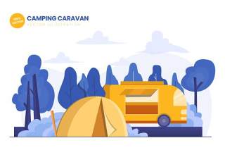 露营车平面矢量图AI插画素材设计Camping Caravan Flat Vector Illustration