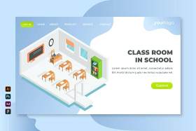 教室等距登录页UI界面AI矢量插画设计classroom isometric landing page