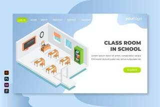 教室等距登录页UI界面AI矢量插画设计classroom isometric landing page