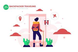 背包客旅行平面设计AI矢量图插画Backpacker Traveling Flat Vector Illustration