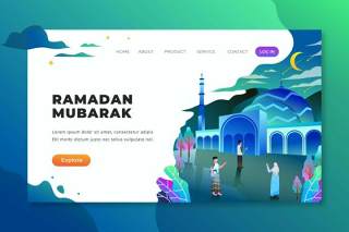 斋月穆巴拉克psd和ai矢量登陆页UI界面插画设计ramadan mubarak psd and ai vector landing page