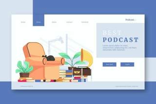 蓝色简约最佳播客登录页UI界面AI插画设计模板best podcats landing page