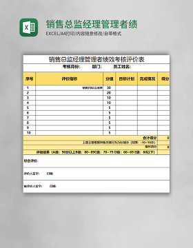 销售总监经理管理者绩效考核评价表excel表格模板