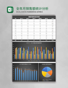 黑色全年月销售额统计分析表excel模板