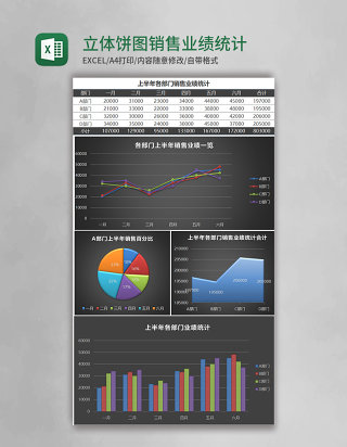 立体饼图销售业绩统计Excel表格模板