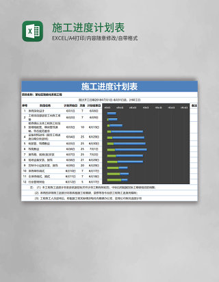 蓝色简约施工进度计划表excel模版