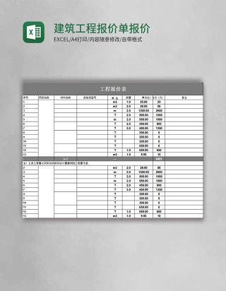 建筑工程报价单报价表格excel模板