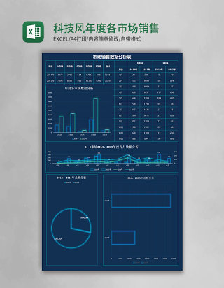 科技风年度各市场销售数据分析excel模板表格