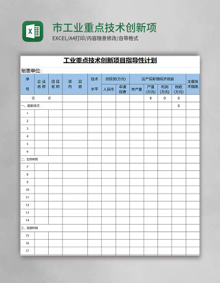 市工业重点技术创新项目指导性计划excel模板