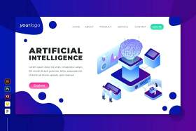 人工智能-2.5D等距插画登录页UI界面设计素材Artificial Intelligence - Isometric Landing Page