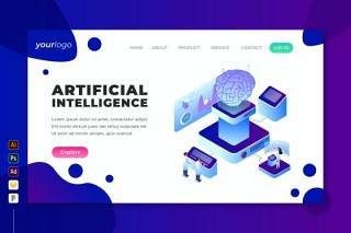 人工智能-2.5D等距插画登录页UI界面设计素材Artificial Intelligence - Isometric Landing Page