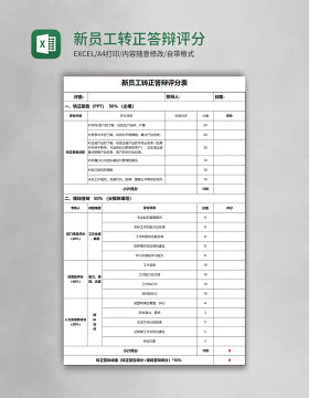 新员工转正答辩评分表Execl模板