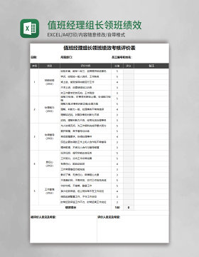 值班经理组长领班绩效考核评价Excel表格