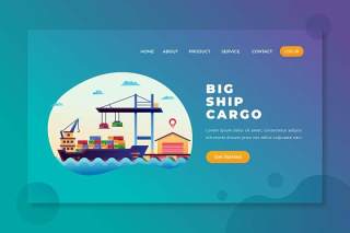 大船货物船运PSD和AI矢量登陆页UI界面插画设计素材Big Ship Cargo - PSD and AI Vector Landing Page