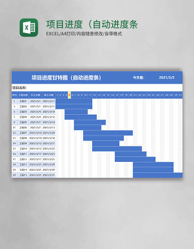 蓝色项目进度甘特图（自动进度条）excel模板