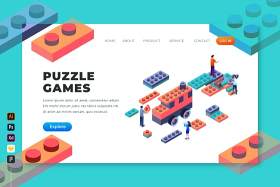 益智游戏-2.5D等距插画登录页界面设计素材puzzle-games-isometric-landing-page-5G6V46M