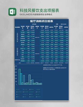 蓝色科技风餐饮支出项报表excel表格模板
