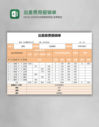 出差费用报销单excel表格模板