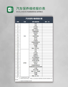 汽车保养维修报价表excel表格模板