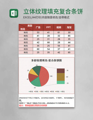 立体纹理填充复合条饼图excel模板