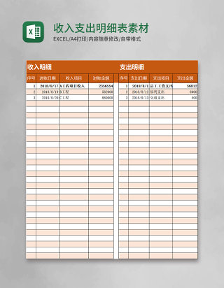 收入支出明细表Excel素材