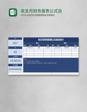 收支月财务报表公式自动统计excel模板 
