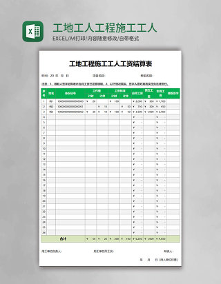 工地工人工程施工工人工资结算表模板