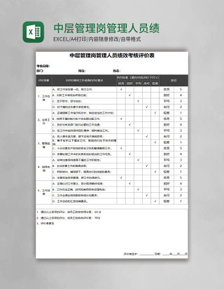 中层管理岗管理人员绩效考核评价Excel表格