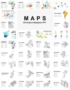 130页超实用全球世界各地分区域非洲亚洲大洋洲欧洲北美南美可编辑地图PPT模板
