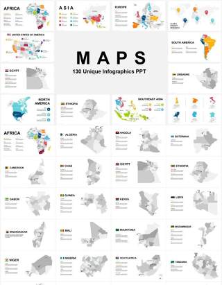 130页超实用全球世界各地分区域非洲亚洲大洋洲欧洲北美南美可编辑地图PPT模板