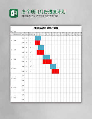 各个项目月份进度计划表格甘特图excel模板