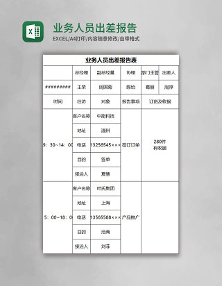 业务人员出差报告表excel模板