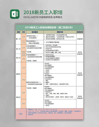 2018新员工入职培训课程表excel