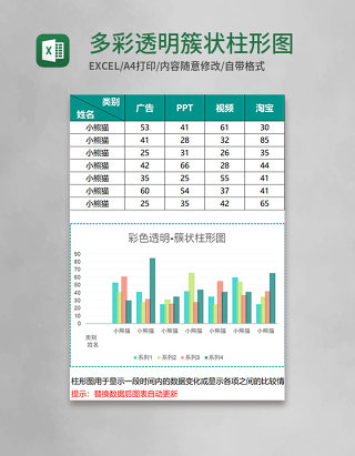 多彩透明簇状柱形图excel模板