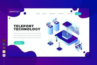 传送技术2.5D等距插画登录页界面设计素材Teleport Technology - Isometric Landing Page