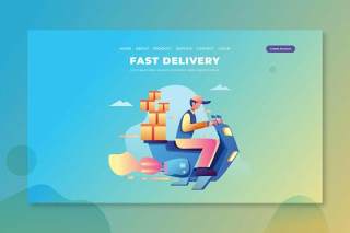 快递外卖PSD和AI矢量登录页UI界面插画设计素材Fast Delivery - PSD and AI Vector Landing Page