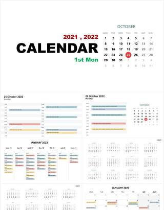 2021-2022年日历第一个星期一PPT素材图表Calendar 1st Monday