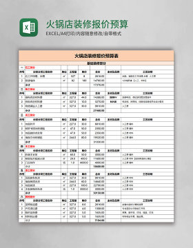 火锅店装修报价预算表Excel模板