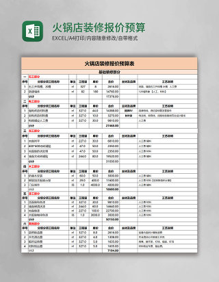 火锅店装修报价预算表Excel模板