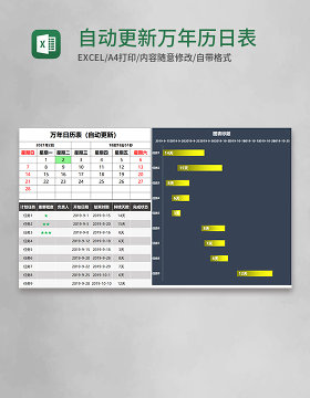 自动更新万年历日表（带计划甘特图表）Excel模板