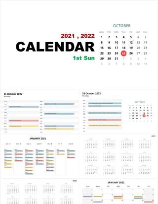 2021-2022年日历第一个星期日PPT素材图表Calendar 1st Sunday