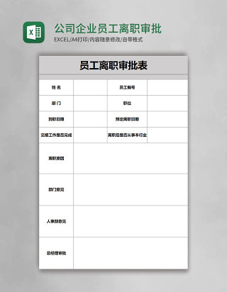 公司企业员工离职审批表表格模板excel