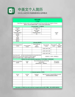 中英文个人简历模板excel