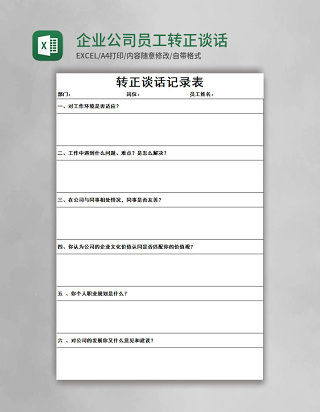 企业公司员工转正谈话记录表转正谈话情况记录Excel模板