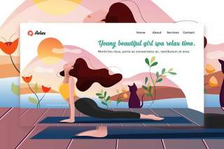 年轻漂亮女孩瑜伽水疗网站EPS矢量插画设计模板登录页Young Beautiful Girl Spa web template Landing Page