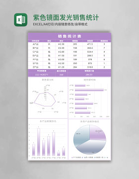 紫色镜面发光销售统计表excel模板