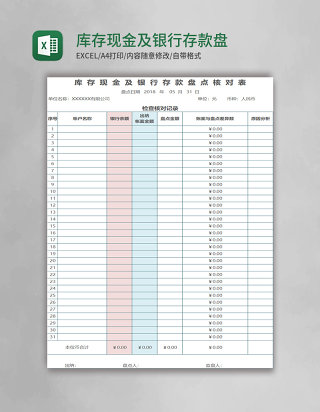 库存现金及银行存款盘点核对表Excel模板