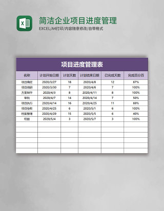 简洁企业项目进度管理表excel模板