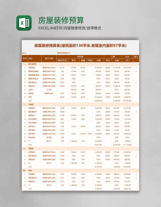 简约房屋装修预算表excel模板