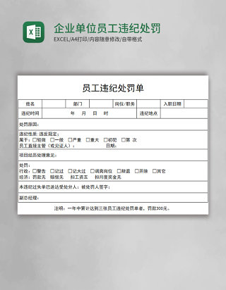 企业单位员工违纪处罚单个人处分记录Excel模板